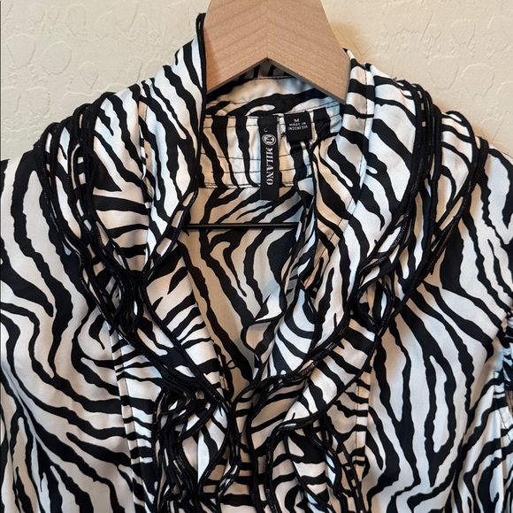 Y2K Zebra Print Ruffle Blouse Short Sleeve M - Picture 2 of 4